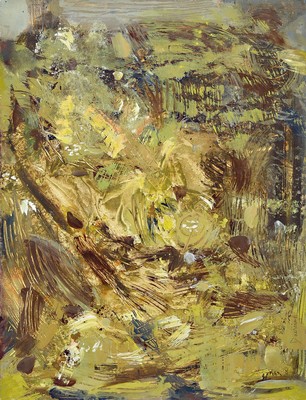 Rudi Baerwind, 1910 Mannheim - 1982, abstr. Komposition in Grün und Brauntönen, Öl/Lwd, signiert mit Bleistift, 51 x 66 cm, Rahmen