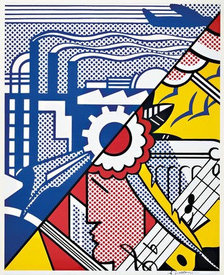 Roy Lichtenstein, 1923-1997, Serigraphie auf dünnem, matt glänzendem Plakat-Papier (ohne Schrift), "Industry an theArts", handsigniert, ...