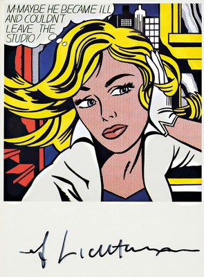Roy Lichtenstein, 1923-1997, "M-Maybe He Became ill and couldn't Leave the Studio!" Kunstpostkarte, handsign., zwischen doppelt ...