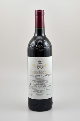 1 Flasche 2000er Vega Sicilia Unico, Ribera del Duero, 75 cl, 14 % Vol., Füllstand: into neck, hervorragender Erhaltungszustand, unverkostet, 98 ...