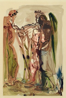 Salvador Dali, 1904-1989, Holzstich aus der Göttlichen Komödie, in der Platte signiert, ca. 28 x 18 cm, PP., unter Glas, Rahmen