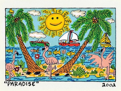 James Rizzi, 1930-2011, Paradise, Lithografie, dat. 2002, unter Glas gerahmt, gesamt ca. 26x28 cm