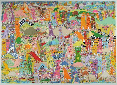 James Rizzi, 1930-2011, When the Dinosaurs Return, Lithografie, unter Glas gerahmt, gesamt ca. 92x120 cm