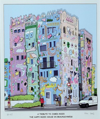 Eric Rob, 1954-2013 London, " A Tribute to James Rizzi-Happy Rizzi House ", 3D-Konstruktion, handsign., num. 32/125, dat. 2009, unter Glas ...
