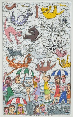 James Rizzi, 1930-2011, "Its Raining Cats and Dogs, 3D-Konstruktion, handsign., num. 1300/350, dat. 1996, PP, unter Glas gerahmt, Motiv ca. ...
