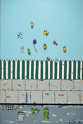 James Rizzi, 1930-2011, "Move In", belebtes Stadtmotiv bei Nacht, Acryl/Lwd, darauf 3D-Holzfiguren magnetisch befestigt, Elemente ...