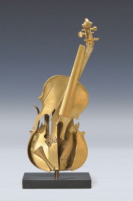 Fernandez Arman, 1928-2005, Violine, Bronzeskulptur, signiert und num. 147/150, Steinsockel, Gesamth. ca. 60cm