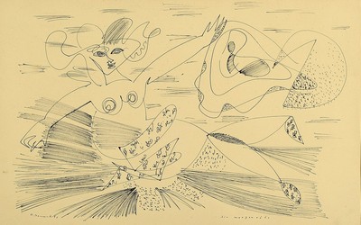 Rudi Baerwind, 1910 Mannheim - 1982, Federzeichnung auf Papier, "die Morgenröte", spürbarer Einfluß von Fernand Leger, signiert und ...