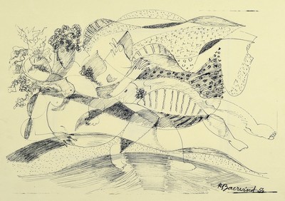 Rudi Baerwind, 1910 Mannheim - 1982, Bleistiftzeichnung auf Paper, abstr. Komposition, signiert, ca. 48 x 36 cm, unter Glas, Rahmen: 65 x 53 cm und ...