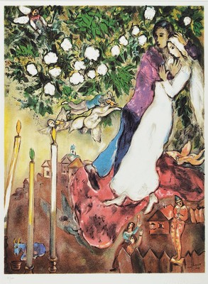 Marc Chagall, 1887-1985, Die drei Kerzen, limitierte posthume Chromo-Lithographie nach einer Arbeit von 1939, num. 35/450, Namenszug als Prägedruck ...