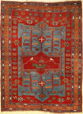 Armenischer Kasak alt, Kaukasus, um 1930, Wolle auf Wolle, ca. 200 x 150 cm, EHZ: 3-4. Grünes Pferd im Medaillon.