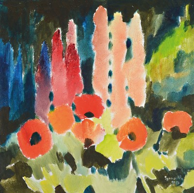Siegward Sprotte, 1913-2004, Mohn und Lupinen in meinem Garten, rückseitig auf dem rahmen so betitelt und datiert 1990, Öl/ Hartfaser, rechts unten ...