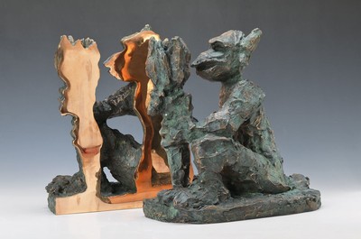 Jörg Immendorff, 1945 Bleckede-2007 Düsseldorf, Alter Ego, 2-teilige Bronzeskulptur eines Affen mit Pinsel, glatte Seite poliert, aus 1995, ...