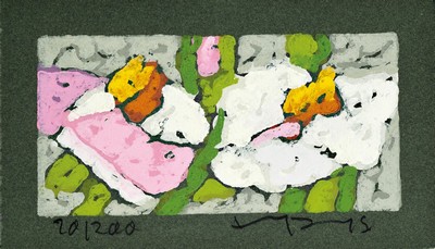 Klaus Fußmann, geb. 1938 Velbert, Rosen, Farblinolschnitt auf grünem Papier, handsigniert und num. 20/200, Blattgr. ca. 10.5x18cm