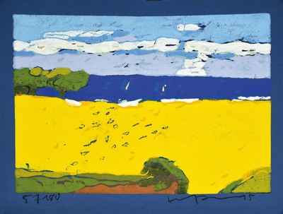 Klaus Fußmann, geb. 1938 Velbert, Raps bei Kronsgard, Farblinolschnitt auf blauem Papier, handsigniert, num. 57/180, Blattgr. ca. 25.5x33.5cm