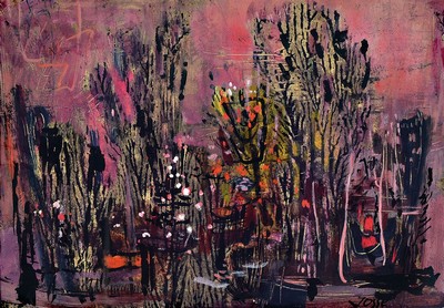 Friedrich Jossé, 1897 Wolfstein-1994 Speyer,Der Blumengarten der Aurora, Gouache auf Papier, rechts unten signiert, ca. 27x38cm, PP, u.Gl., R. ca. ...