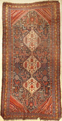 Khamseh Baharlou antik, Persien, 19.Jhd., Wolle auf Wolle, ca. 270 x 138 cm, Vogel-Medaillon Muster, EHZ: 4-5