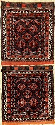 1 Paar Belutsch Taschefront, alt, Persien, um 1930, Wolle auf Wolle, ca. 74 x 64 70x60 cm, EHZ: 2-3. Sammelwürdig