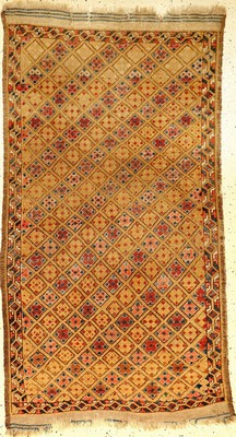 Zentralasiatischer Teppich antik (Kamelwolle mit Seiden-Highlights), Zentralasien, um 1930, Wolle mit Seide auf Wolle, ca. 144 x 81 cm, EHZ: ...