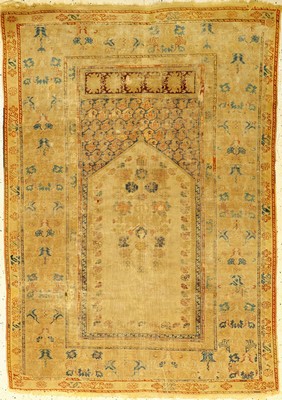 Früher Kula Gebetsteppich antik, Türkei, 18.Jhd., Wolle auf Wolle, ca. 163 x 114 cm, (Alters und Gebrauchsspuren)