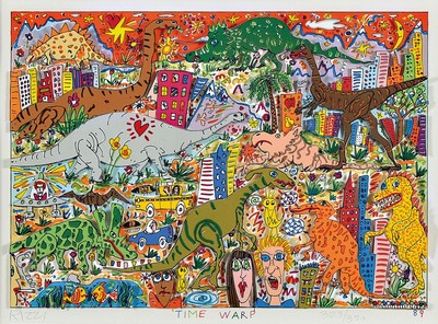 James Rizzi, 1950-2011 New York, Time Warp, dreidimensionale Farblithographie von 1989, handsigniert und num. 323/350, ca. 22x31cm, PP, u.Gl., R. ca. ...