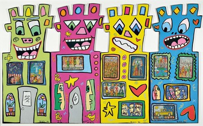 James Rizzi, 1950-2011, "Tower", mit 9 Telefonkarten, sign., dat. 93, unter Glas gerahmt, ca. 81x113 cm