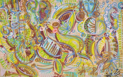 Leon Löwentraut, geb. 1998, 12-Farben Pigmentdruck, "Caribbean Flair", auf Leinwand, von Hand übermalt, daher Unikatcharakter, ...