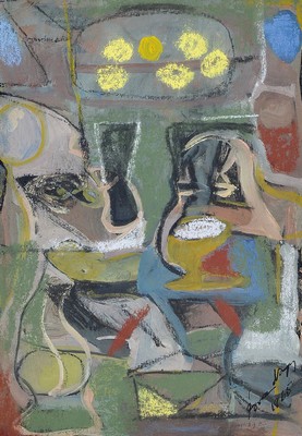 Eva Nagy 1921-2003, Tempera und Öl, abstr. Stillleben, re. u. handsigniert und dat. 1965, PP. 19.5 x 14 cm cm, Rahmen: 33 x 26.3 cm, PP. mit ...