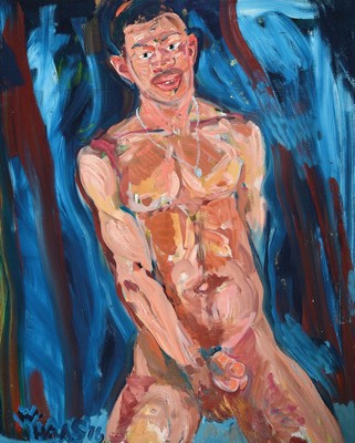 Willibrord Haas, geb. 1936, Aquarell auf Büttenpapier, handsigniert und dat. 2016, Männerakt, Titel: "mit Kettchen", handsigniert, ...