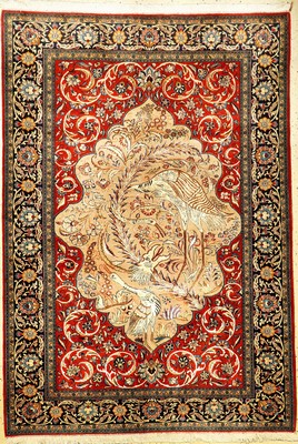Seltener Ghom Kork (Part-Silk) "Drachen & Reiher", Persien, ca. 50 Jahre alt, Korkwolle mit Seide, ca. 203 x 141 cm, EHZ: 2 (fachkundig ...