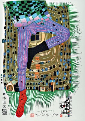 Friedensreich Hundertwasser, 1928-2000, In Gamba, Farbserigraphie, handsigniert und num. 382/905, ca. 67x45.5cm, PP, u.Gl., R. ca. 97x72cm