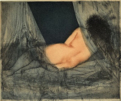 Ernst Fuchs, 1930-2015, liegender Rückenakt, Farbradierung, handsigniert und num. 76/100, ca. 17.5x21.5cm, Blattgr. ca. 34x50cm
