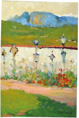 Imre Reiner, 1900-1987, Blick über die Friedhofs-Mauer, Öl/Hartfaser, rechts unten signiert, ca. 50x38cm, R.