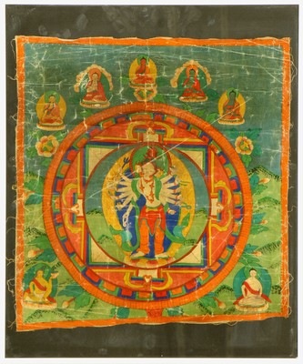 Thangka alt, Tibet, um 1920, Leinenmalerei,ca. 60 x 50 cm, mit Rahmen, (Altersspuren)