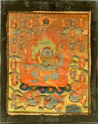 Thangka alt, Tibet, um 1920, Leinenmalerei,ca. 72 x 57 cm, mit Rahmen, (Altersspuren)