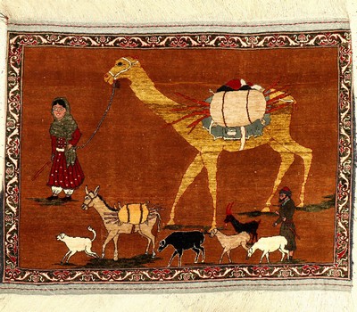Feiner Mauri alt (Part-Silk), Afghanistan, ca. 50 Jahre, Korkwolle mit und auf Seide, ca.98 x 76 cm, (Bildteppich), EHZ: 2-3