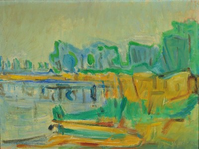 Otto Ditscher, 1903-1987 Neuhofen, Landschaft am Altrhein, Öl/Lwd, rechts unten signiert, expressive Malweise mit breitem Pinselduktus, ca. 60x80cm, ...