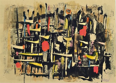 Friedrich Jossé, 1897 Wolfstein-1994 Speyer, Flatternde Wimpeln, Aquarell auf Papier, signiert und dat. 74, ca. 29x40cm, PP, u.Gl., R., ca. 44x54cm