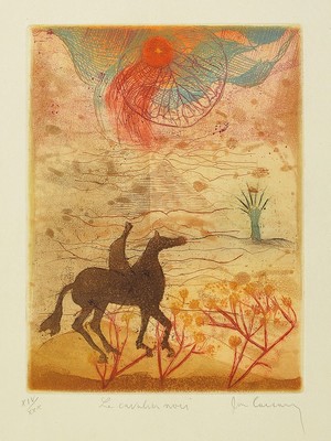 René Carcan, 1925 Brüssel-1993, zwei Farbradierungen aus der Serie Reminiscence etrusque, der Kavalier der Nacht und Die Frau im Wald, beide ...
