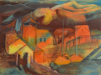 Willi Brunkow, 1904-1983, Blick auf ein Dorf im Abendrot, Gouache/Malkarton, rechts unten signiert, ca. 32x44cm, R. ca. 42x54cm