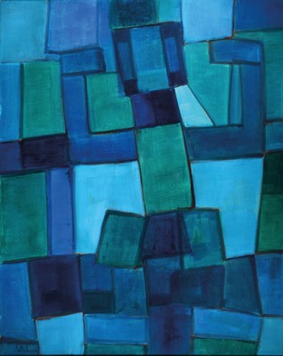 Lucien Sotto, zeitgenössischer Belgischer Künstler, geometrische Komposition in Blau, Öl/Lwd, sign., ca. 102x82 cm , Leisten