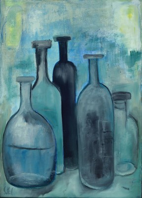 Lucien Sotto, zeitgenössischer Belgischer Künstler, Stillleben mit Flaschen, Öl/Lwd, sign., ca. 71x51 cm, Leisten