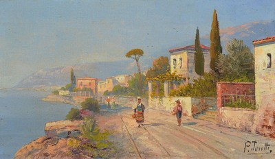 Pietro Toretti, 1888-1927 Italien, südliche Küstenlandschaft mit Personen, Öl/Lwd, rechts unten signiert, ca. 18x31cm/25x38cm, R.