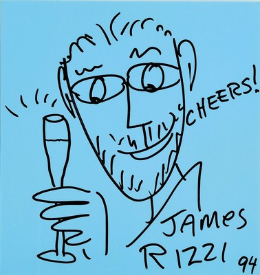 James Rizzi, 1950-2011 New York, Filzstiftzeichnung , handsign., bez. cheers, dat. 94, schwarzer Filzstift auf blauem Papier, am Papier leicht ...