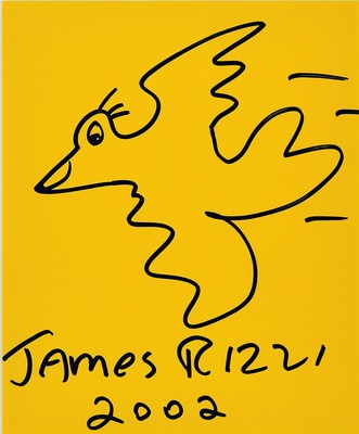 James Rizzi, 1950-2011, New York, Bird, Filzstiftzeichnung, handsign., dat. 2002, schwarzer Filzstift auf blauem Papier, unter Glas gerahmt, gesamt ...