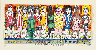 James Rizzi, 1950-2011, New York, Girls on the Street, 3D-Konstruktion, handsign., num. 121/350, dat. 1990, unter Glas gerahmt, Rahmen beschädigt, ...