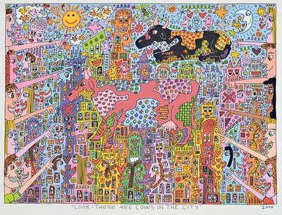 James Rizzi, 1950-2011, "Look there are cows in the city", Farblithografie, dat. 2000, Motiv ca. 33x45 cm, gesamt ca. 45,5x56 cm
