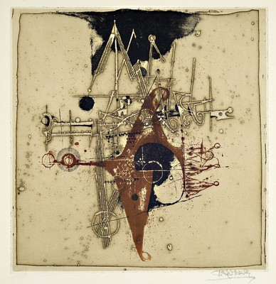 Johnny Friedländer, 1912-1992, Farbradierung , sign., Motiv ca. 30x28 cm, Blatt ca. 44x38 cm, Flecken/Lichtrand zusehen