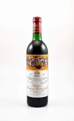 1 Flasche 1987 Chateau Mouton Rothschild, Pauillac, Premier Grand Cru Classe, ca. 75 cl,12 % Vol., Füllstand: ca. top shoulder, unverkostet, sehr ...