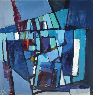 Hans Theo Baumann,1924-2016, Häuser auf blauem Gestein, Öl/Platte, signiert dat. 59, ca. 90 x 90 cm, Rahmen 93.5 x 93.5 cm